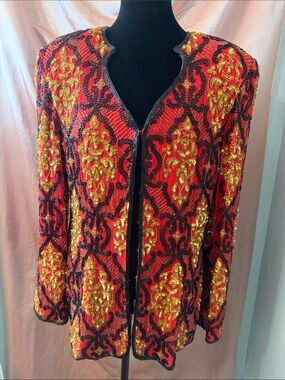 Vintage Women's Red Sequin Blazer with Gold & Black Embellishment